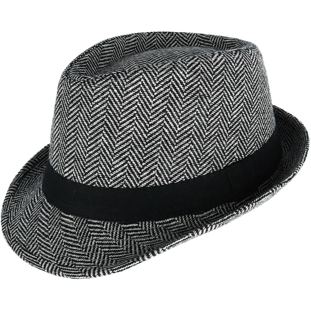 Black and White Herringbone Trilby Fedora Hat